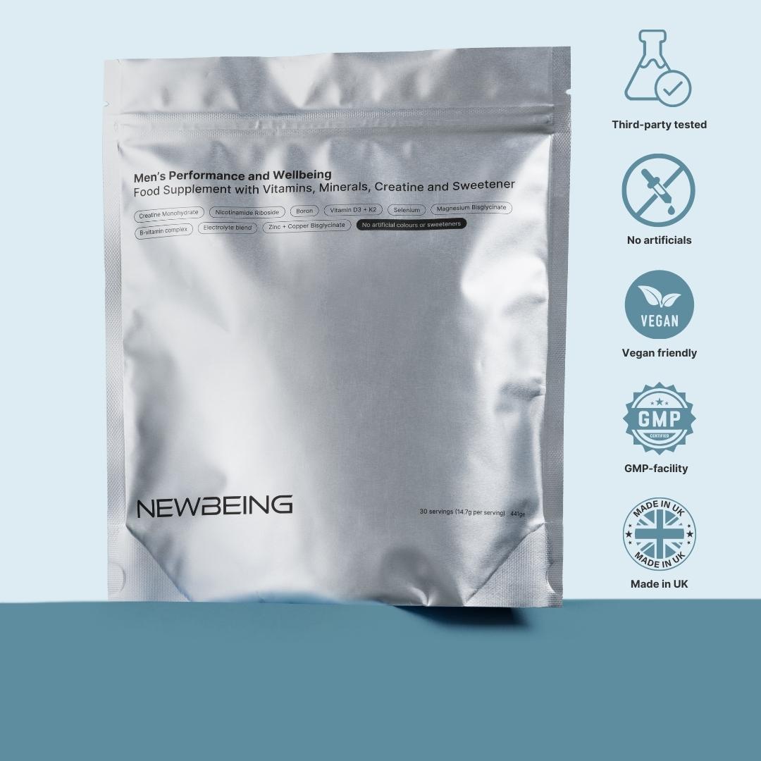 Silver supplement package with 'NewBeing' branding and certification logos on a light blue background