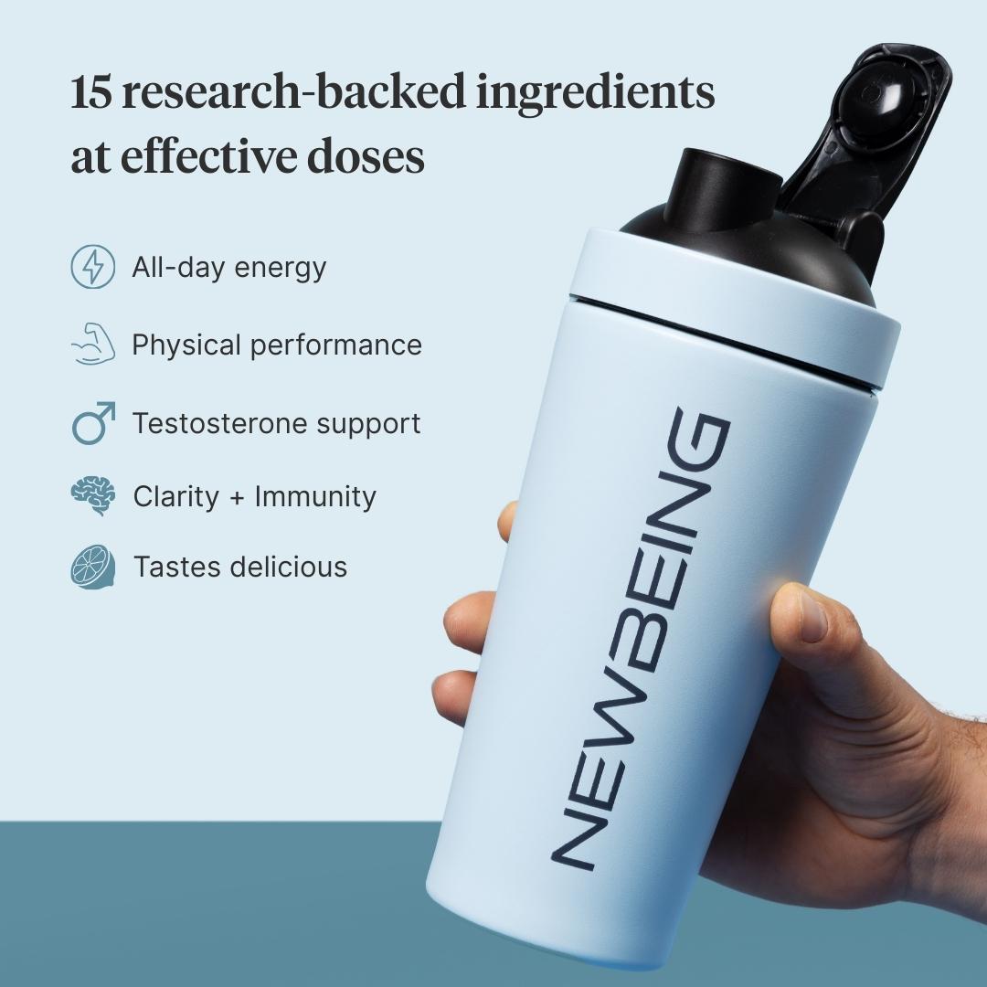Blue supplement shaker with 'NEWBEING' branding held by a hand, against a light blue background with text about product benefits.