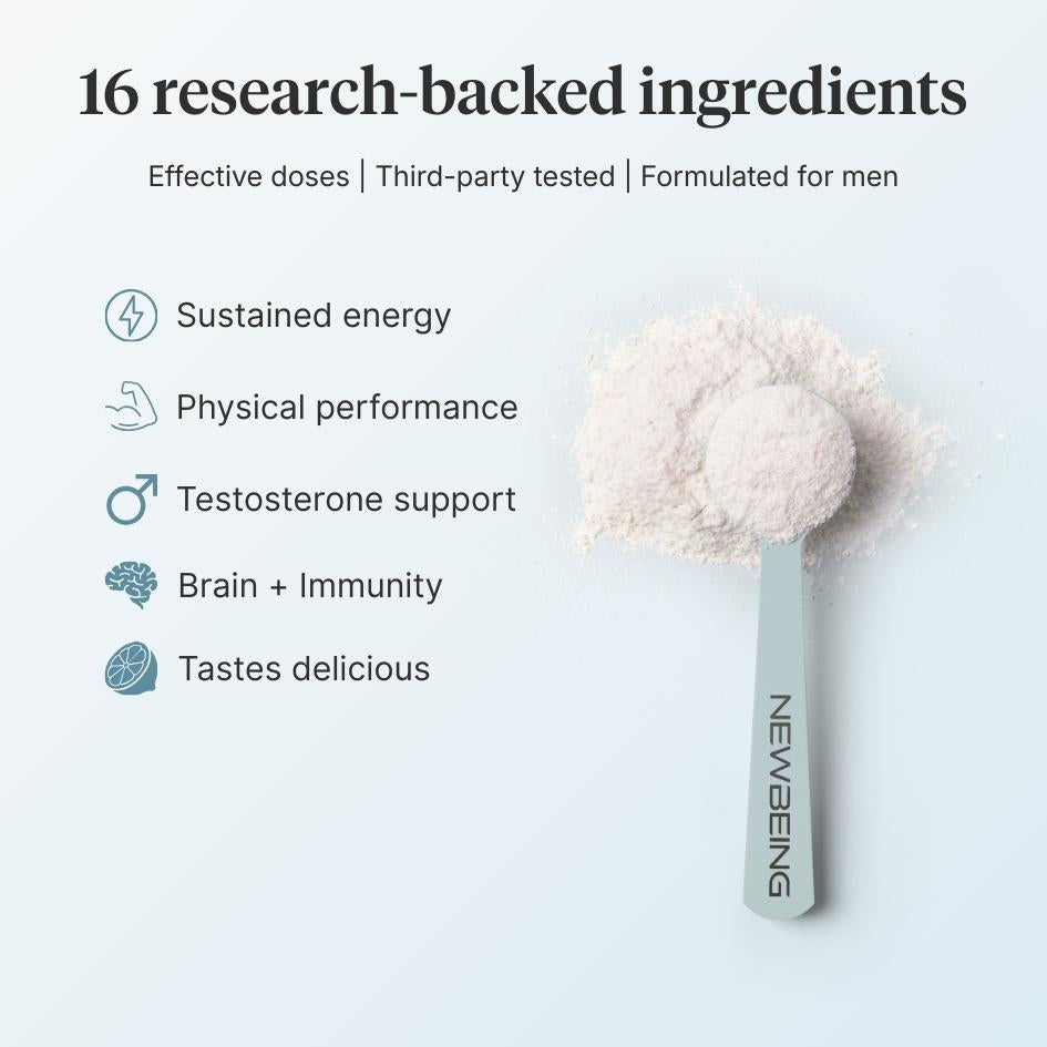 Supplement powder with a scoop and text about research-backed ingredients on a light blue background