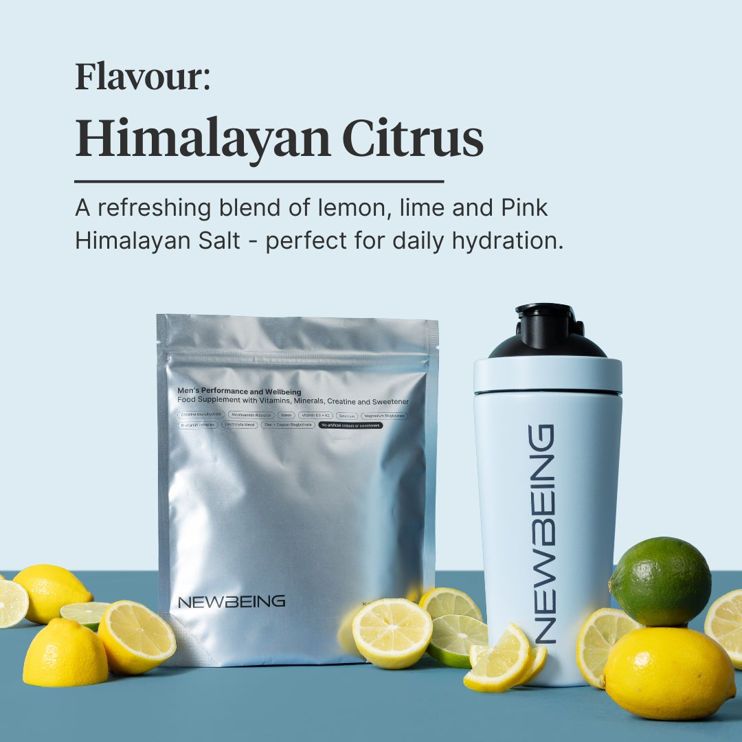 NewBeing supplement package with lemons and a shaker on a blue background