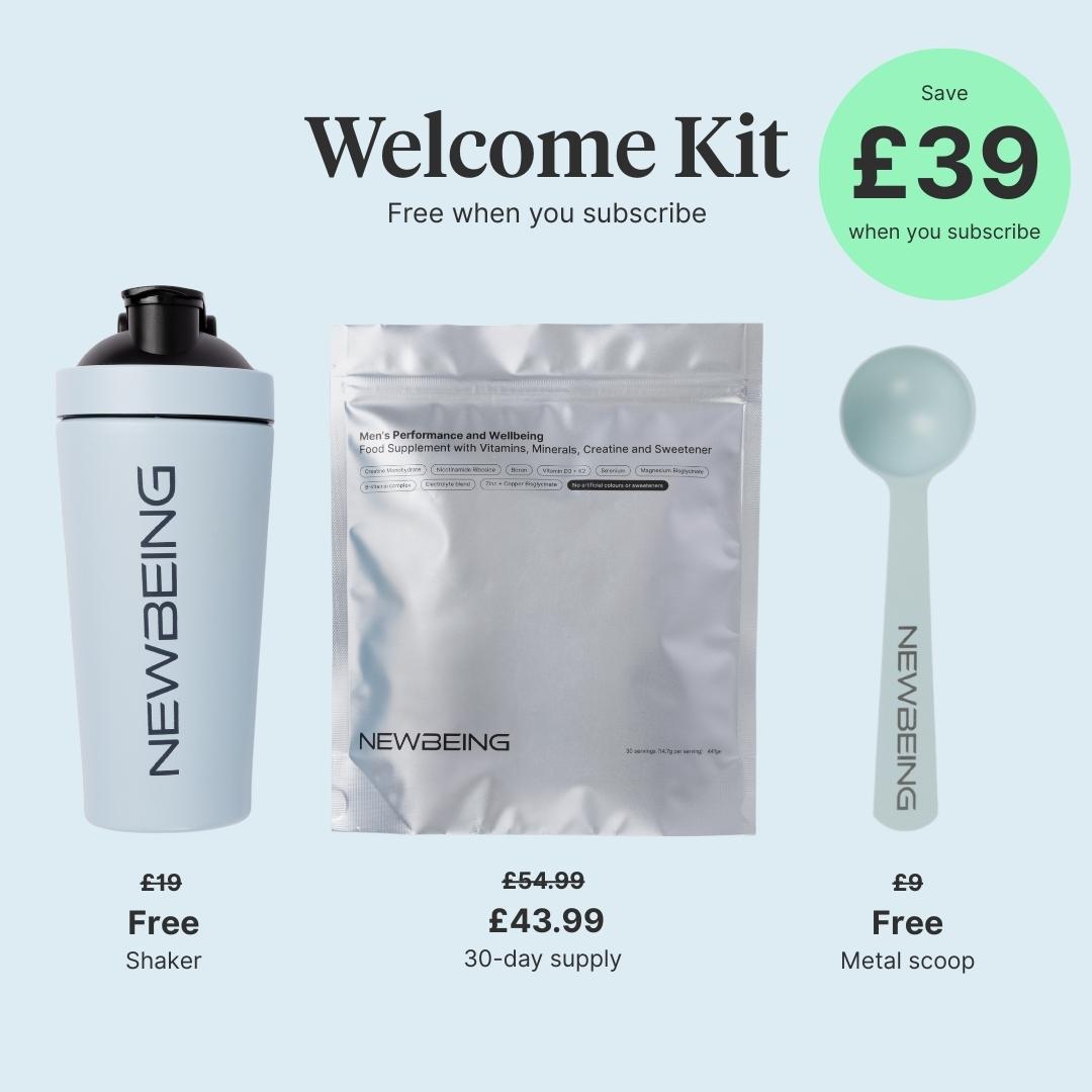 Newbeing welcome kit with shaker, powder package, and metal scoop on a light blue background.