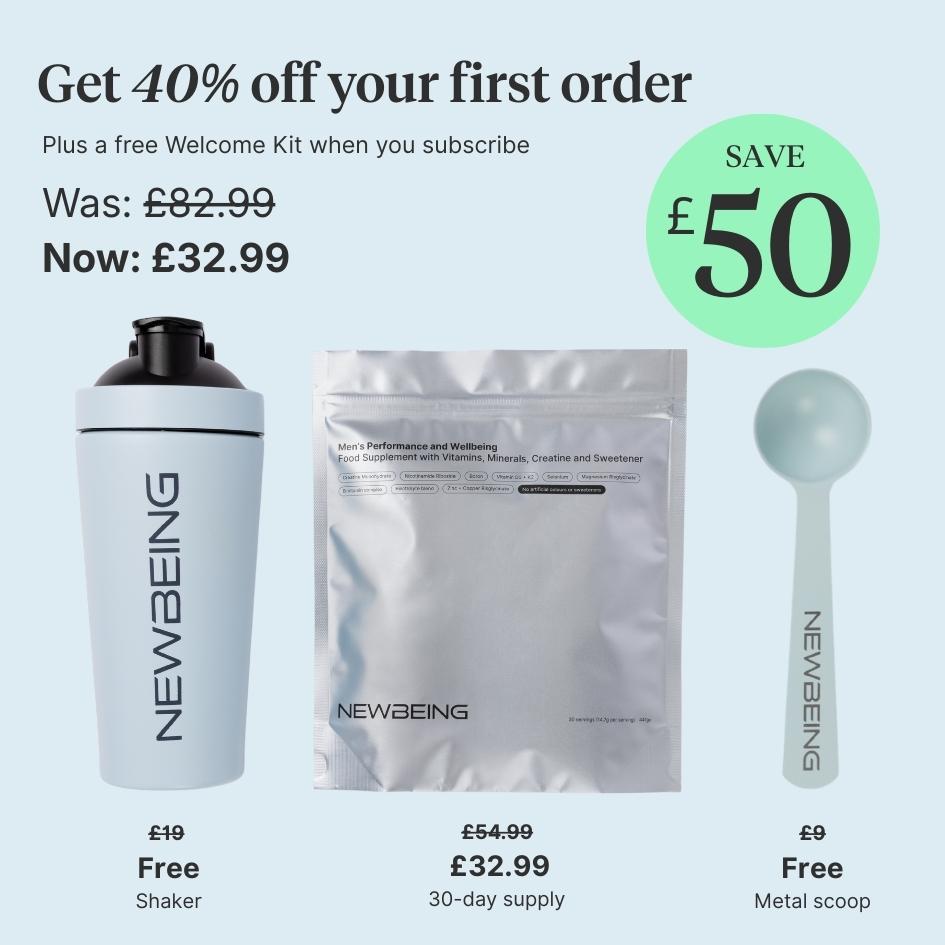 Promotional graphic for NewBeing products with a shaker, package, and metal scoop on a light blue background.